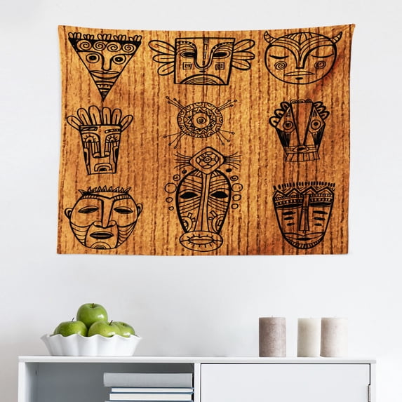 African Tapestry, Abstract West Folk Art Forms Unique Lines Print, Fabric Wall Hanging Decor for Bedroom Living Room Dorm, 2 Sizes, Multicolor, by Ambesonne