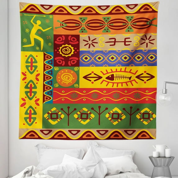 African Tapestry, Abstract West Folk Art Forms Unique Lines Print, Fabric Wall Hanging Decor for Bedroom Living Room Dorm, 5 Sizes, Multicolor, by Ambesonne