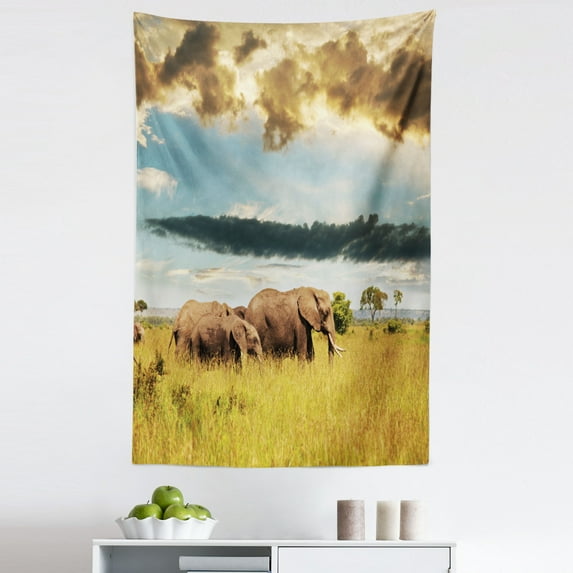 African Tapestry, Big Savannah Family with Dark Cloudy Dramatical Sky Grassland, Fabric Wall Hanging Decor for Bedroom Living Room Dorm, 5 Sizes, Grey Yellow Blue, by Ambesonne