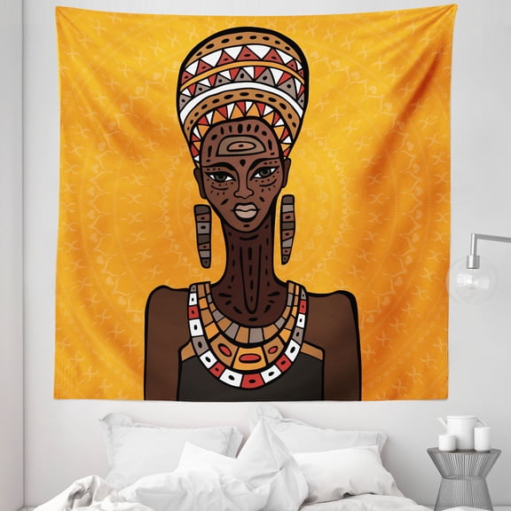 African Tapestry, Ethnographic Art Tribe Woman Long Neck Folk on Mandala, Fabric Wall Hanging Decor for Bedroom Living Room Dorm, 5 Sizes, Multicolor, by Ambesonne