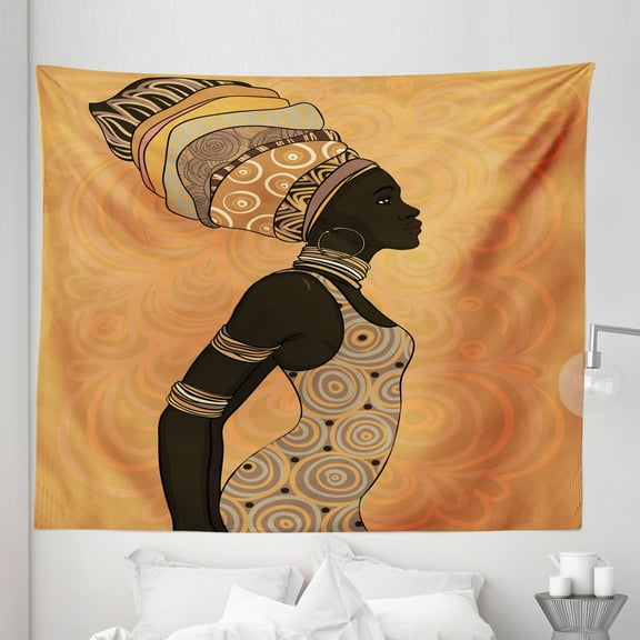 African Tapestry, Indigenous People of Theme Local Woman in Traditional Turban and Dress, Fabric Wall Hanging Decor for Bedroom Living Room Dorm, 5 Sizes, Multicolor, by Ambesonne