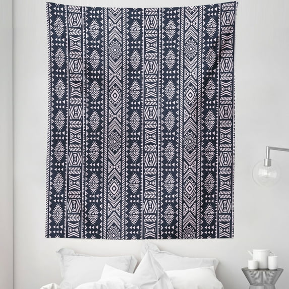African Tapestry, Inspirations Meet with Country Art Design Vertical Borders, Fabric Wall Hanging Decor for Bedroom Living Room Dorm, 5 Sizes, Cadet Blue White, by Ambesonne