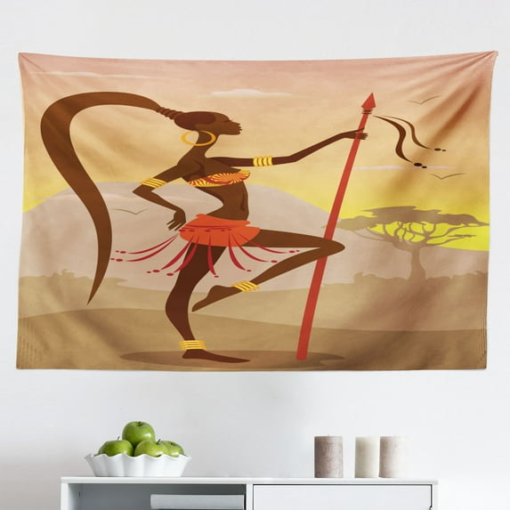African Tapestry, Lady in Dance Person in Psychedelic Style Artisan Image, Fabric Wall Hanging Decor for Bedroom Living Room Dorm, 2 Sizes, Brown Cocoa, by Ambesonne