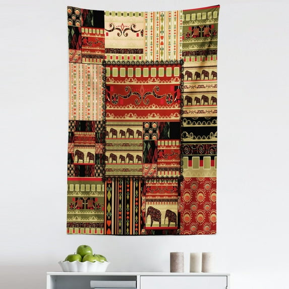 African Tapestry, Patchwork Style Pattern withand Cultural Motifs Print, Fabric Wall Hanging Decor for Bedroom Living Room Dorm, 5 Sizes, Red Green Black, by Ambesonne