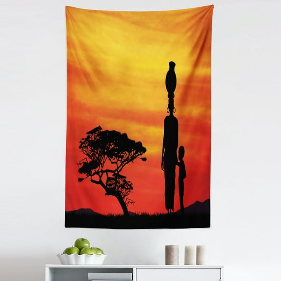 African Tapestry, Rural Countryside Landscape Mother and at Sunset Tree Print, Fabric Wall Hanging Decor for Bedroom Living Room Dorm, 5 Sizes, Scarlet Yellow and Black, by Ambesonne