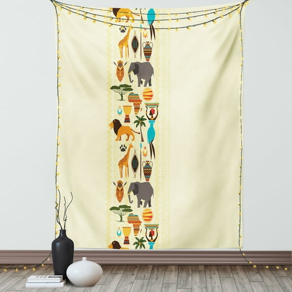 African Tapestry, The Dark Continent Ethnic Elements Woman of Color Carrying Water Lion Elephant, Wall Hanging for Bedroom Living Room Dorm Decor, 40W X 60L Inches, Multicolor, by Ambesonne
