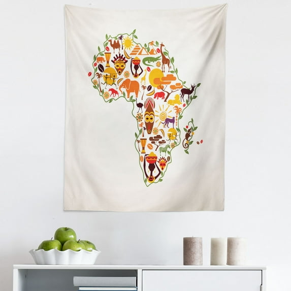 African Tapestry, Travel Map Plan Traditional Objects Continental Culture Arts Craft, Fabric Wall Hanging Decor for Bedroom Living Room Dorm, 5 Sizes, Multicolor, by Ambesonne