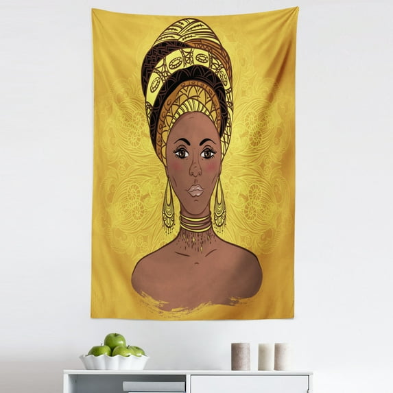 African Tapestry, Woman Portrait in Turban Ornate Mandala Inspired Round Motif, Fabric Wall Hanging Decor for Bedroom Living Room Dorm, 5 Sizes, Yellow Brown Cocoa, by Ambesonne
