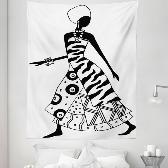 African Tapestry, Woman Silhouette in Native Fashion Clothes Accessories Drawing, Fabric Wall Hanging Decor for Bedroom Living Room Dorm, 5 Sizes, Black and White, by Ambesonne