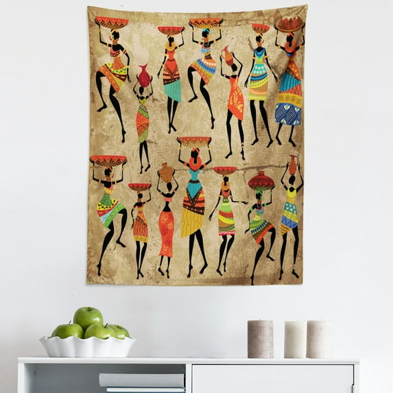 African Tapestry, Woman Silhouettes with Traditional Clothes Carrying Bowls on Head, Fabric Wall Hanging Decor for Bedroom Living Room Dorm, 5 Sizes, Ecru Multicolor, by Ambesonne