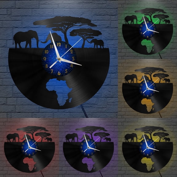 African Territory Elephant Vinyl Record Wall Clock for Kitchen Wall Decor Wall Art Gift for Lover Gift Idea for a Best Friend(B,with LED)