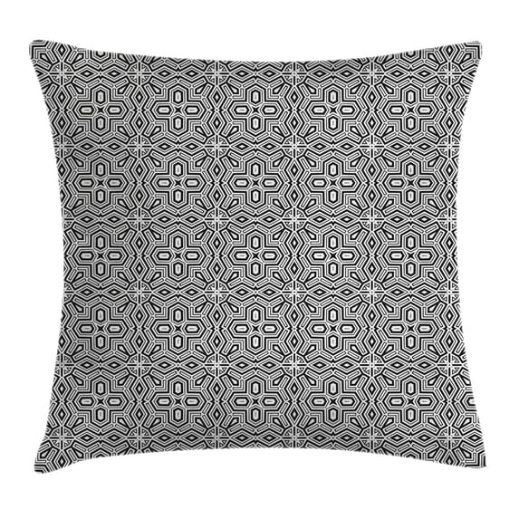 African Throw Pillow Cushion Cover, Ethnic Antique Design Geometrical Shapes Symmetric Graphic Chevron Modern Display, Decorative Square Accent Pillow Case, 16 X 16 Inches, Black White, by Ambesonne