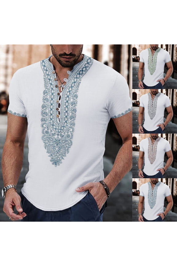 African Traditional T Shirts for Men Dashiki Print Tshirt Short Sleeve Festival Graphic Tees Blue S