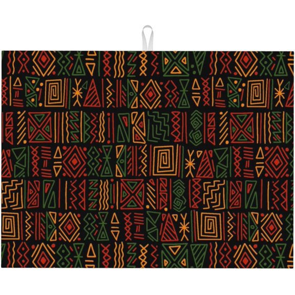 African Tribal Dish Drying Mat Geometric Totems Ethnic Tribal Clash Traditional Drying Rack Pad Countertop Dishes Ultra Absorbent Microfiber Kitchen Counter Mat 18x24 Inch