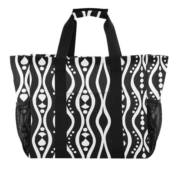 African Tribal Lines and Dots Reusable Grocery Bags with Handle Side Pocket Waterproof Shopping Portable Tote