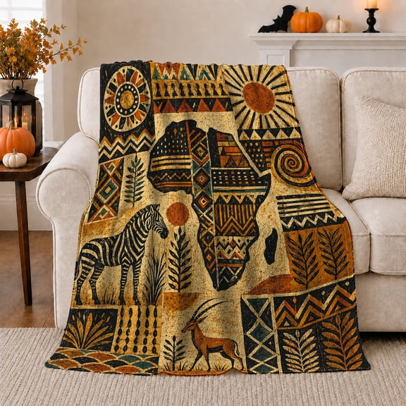 African Tribal Map Safari Animals Peaceful Earthy Collage, Peaceful Artistic Scene, Warm Flannel Blanket for Cabin and Lodge, Wildlife Lovers Housewarming Gift, Artistic Home Decor