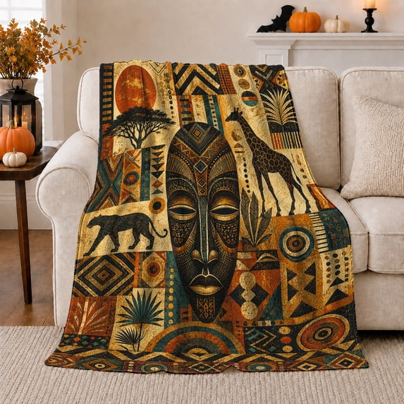 African Tribal Mask Safari Silhouette Collage, Cozy Artistic Scene, Warm Flannel Blanket for Cabin and Lodge, Wildlife Lovers Housewarming Gift, Artistic Home Decor