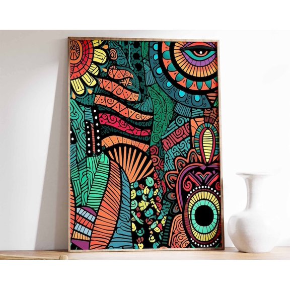 African Tribal Pattern Black Geometric Wall Art Print, Unframed Paper Poster 24x36in