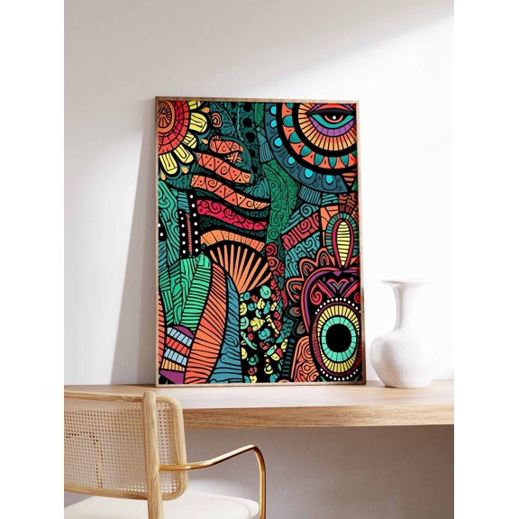 African Tribal Pattern Cultural Wall Print Geometric Black Culture Decor, Stretched Canvas 12x16in