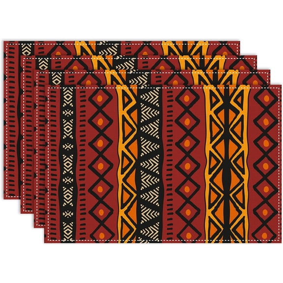 African Tribal Placemats Set of 4, 12x18 Inch African Totems Abstract Geometric Traditional Rustic Tribal Mud Pattern Holiday Party Ethnic Style Coffee Table Mats for Party Kitchen Dining Decoration