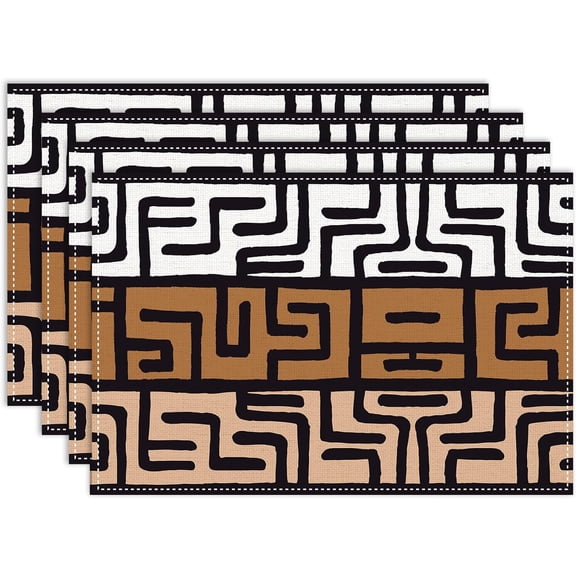African Tribal Placemats Set of 6, 12x18 Inch Retro Abstract Geometric Brown Tribal Mud Pattern Holiday Table Mats for Party Kitchen Dining Decoration