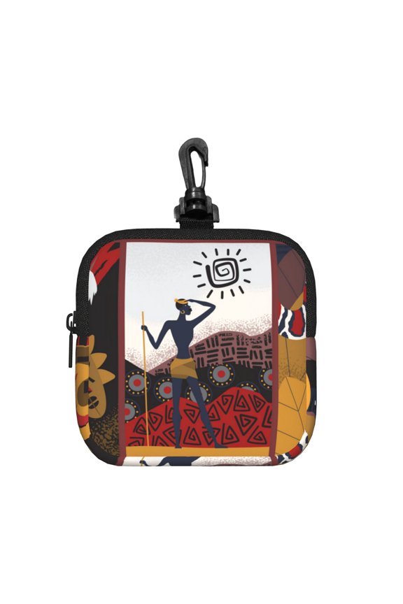 African Tribe Aborigine Tribal Square Gear Pouch with Lobster Clasp Waterproof Tech Accessory Organizer, Key & Coin Case