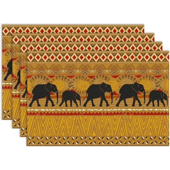African Tribe Placemat Set of 4, 12x18 Inch Rustic Elephants Tribal Boho Indian Traditional Ethnic Folk Yellow Coffee Table Mats Home Outdoor Party Kitchen Dining Table Decoration