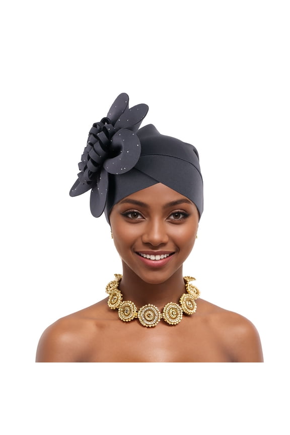African Turban Cap for Women – Soft Double-Layered Headwraps with Diamond & Flower Pattern, Pre-Tied Ruffles Bonnet for Weddings, Parties & Daily Wear (Autogele Style)