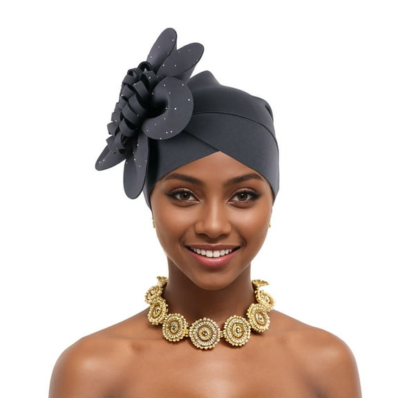 African Turban Cap for Women – Soft Double-Layered Headwraps with Diamond & Flower Pattern, Pre-Tied Ruffles Bonnet for Weddings, Parties & Daily Wear (Autogele Style)