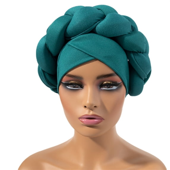 African Turban Hat for Women, Pre-tied Headwrap with Big Braid, Silky Soft Sleep Cap & Fashion Headscarf, Versatile Head Cover for Chemo, Pregnancy, Travel, and Beach-Green