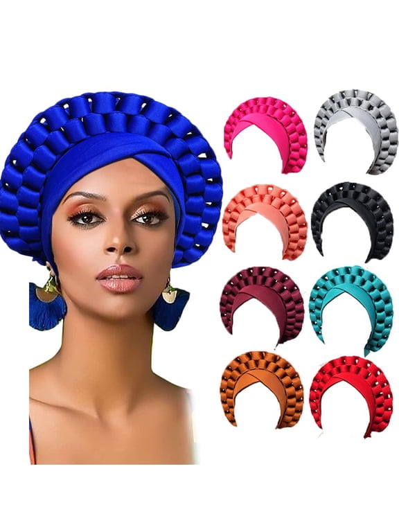 African Turban Head Wrap Navy Blue Braid Beanie Cap Headwear Crystals Twisted Head Turbans for Women and Girls