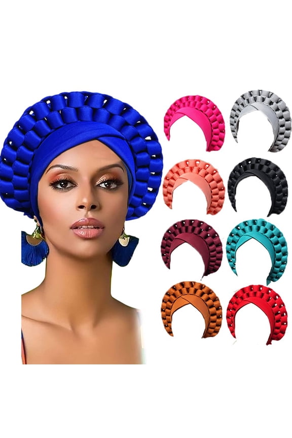 African Turban Head Wrap Navy Blue Braid Beanie Cap Headwear Crystals Twisted Head Turbans for Women and Girls