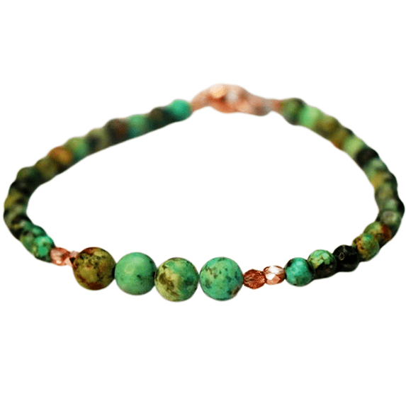 African Turquoise 4-8mm Round Shape Smooth & Faceted Cut Beads 7 inch Rose Gold Plated Clasp Bracelet for men, women, unisex. Link Chain Stacking Bracelet.|LINK_00066