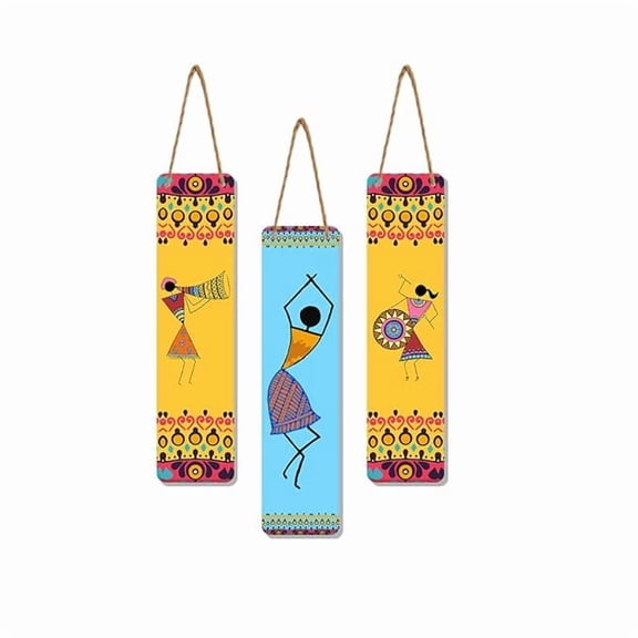 African Warli Art Designer Wooden Wall Hanging Decoration Items for Home | Gifts | Bedroom | Wooden Wall Hanger | Mdf Wall Decoration for Living Room | Artworks (WH_8108N), Set of 3