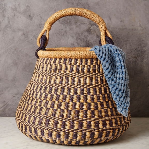 African Wicker Basket, Checkered, 16 Inch Wide (NavyBlue)