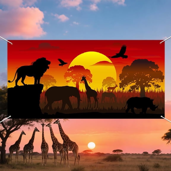 African Wild Animals Backdrop Banner 5.9x2.9ft Jungle Safari Party Decoration Banner Tropical Jungle Photography Background Wildlife Forest Sunset Scenery Photo Props Birthday Party Supplies DIY
