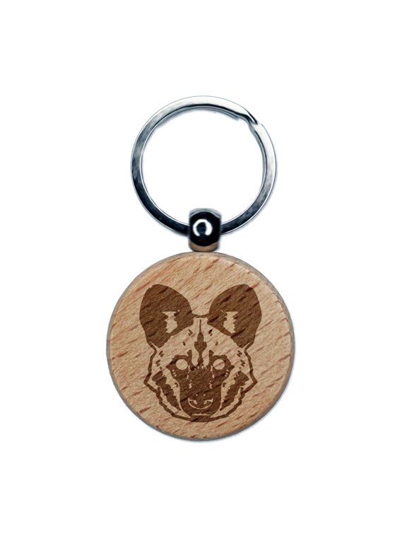 African Wild Dog Head Engraved Wood Round Keychain Tag Charm