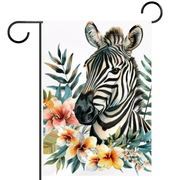 African Wildlife Animal Zebra and Tropical Flowers Decorative Garden Flag for All Seasons, 12 x 18 Inch Small Vertical Double Sided Outside Decoration for Yard Farmhouse
