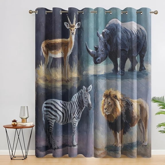 African Wildlife Curtains for Living Room, Zebra Lion Deer Rhino Pattern Design Blackout Curtains, African Wildlife Bedroom Decor Window Drapes with Grommet 42"W x 108"L (Pack of 2)