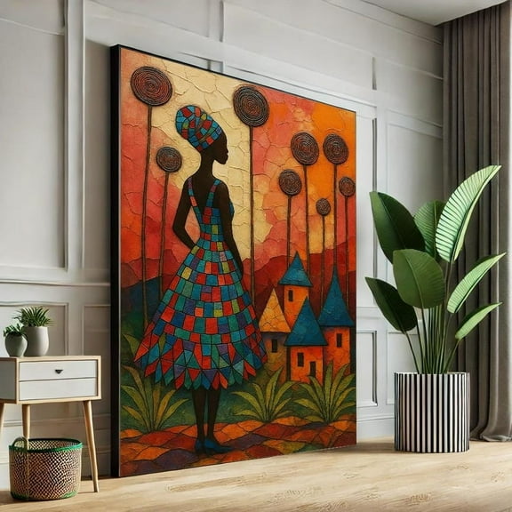 African Woman Art, Colorful Tribal Folk Style, Village Landscape Print, Ethnic Wall Decor, Wall Art Print, Home Decor ,Decor For Living Room Bedroom, 8x12 UNFRAMED