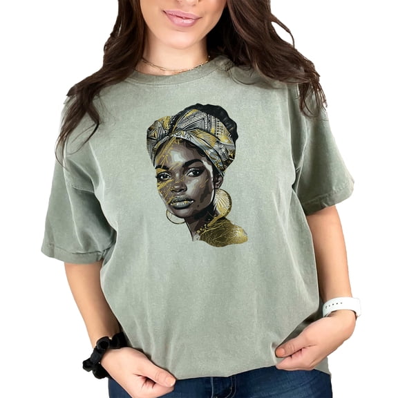 African Woman Art Graphic Tee, Unique Headwrap Lady T-Shirt, Afrocentric Apparel, Fashionable Culture Shirt, Bold Afro Art Top, Moss Comfort Colors T-Shirt, 2XL