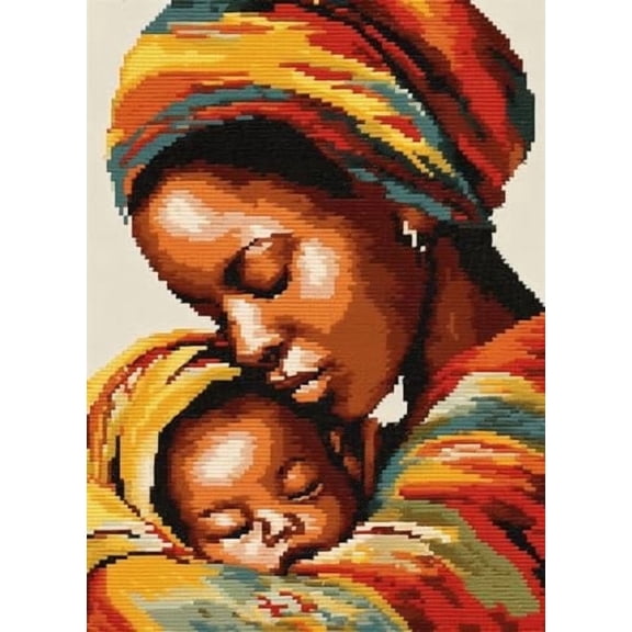 African Woman and Baby Latch Hook Rug Kit for Adults Easy Carpet Cushion with Printed Canvas Crochet Yarn Craft DIY Hooking Tapestry for Home Floor Decoration Pets Pads 52x38cm
