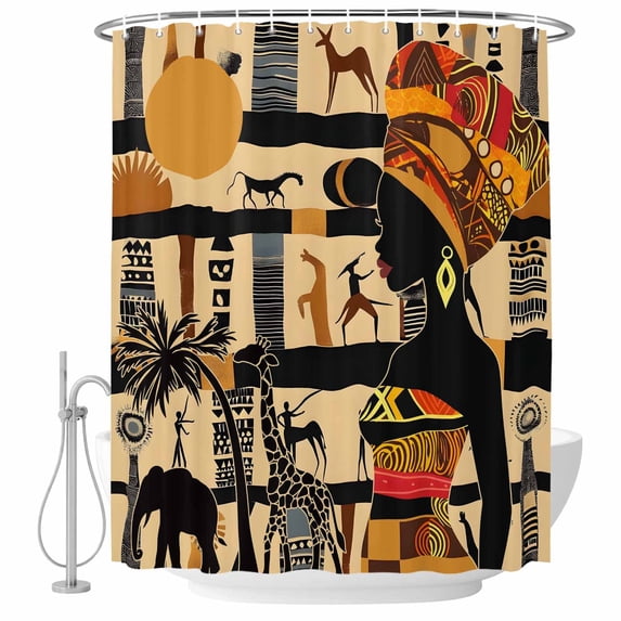 African Woman Bathroom Shower Curtains with Hooks, Giraffe Elephant Beige Silhouette Ethnic Style Waterproof Fabric Washable Shower Curtain for Home Hotel Bathtub Decor 36x72 Inch