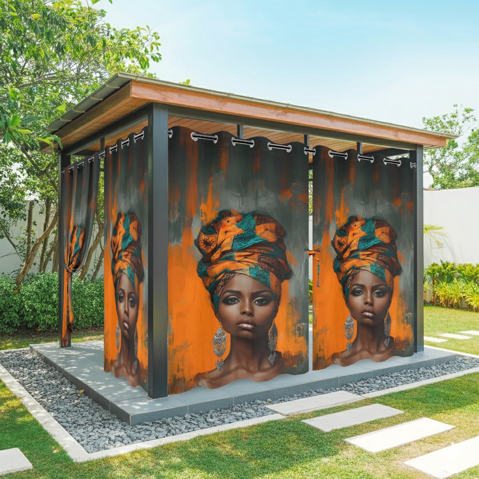 African Woman with Beauty Turban Outdoor Curtains for Patio, Portrait Orange Gray Graffiti Sunshade Privacy Drapes Grommet Waterproof Outside Curtains for Porch/Cabana/Balcony 54"x 108", 1 Panel