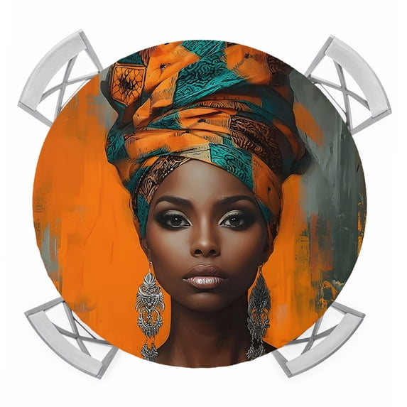 African Woman with Beauty Turban Round Table Cover, Portrait Orange ...