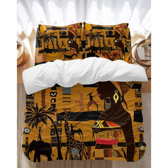 African Woman Bedding Duvet Cover Set Queen Size 4 Pieces Giraffe Elephant Brown Silhouette Ethnic Style Bedding Set with Zipper Closure, 1 Comforter Cover 90x90 Inches 1 Flat Sheet & 2 Pillow Cases