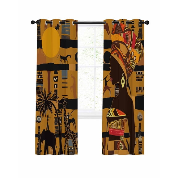 African Woman Blackout Curtains 84 Inch Length Giraffe Elephant Brown Silhouette Ethnic Style Thermal Insulated Window Curtain Window Drapes 2 Panels for Bedroom Living Room 52"Wx84"L