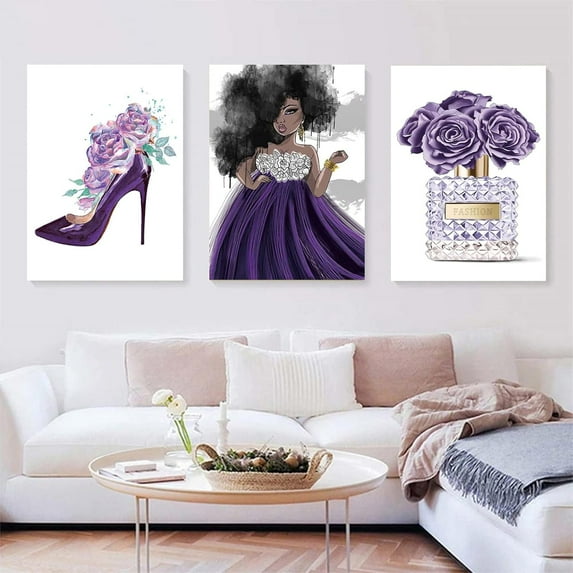 African Woman Canvas Wall Art African American Woman Poster Fashion Perfume Wall art Purple Flower Prints Black Girl Painting African Girl Artwork High Heel Pictures Wall Decor Unframed