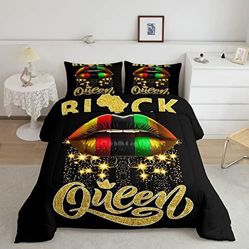 African Woman Comforter Set Red Green Gold Sexy Kiss Lipstick Bedding