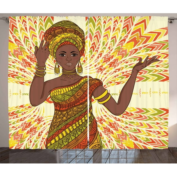 Ambesonne African Curtains 2 Panel Set, Dancing Woman Hand Drawing, 108" x 63", Green Red Yellow